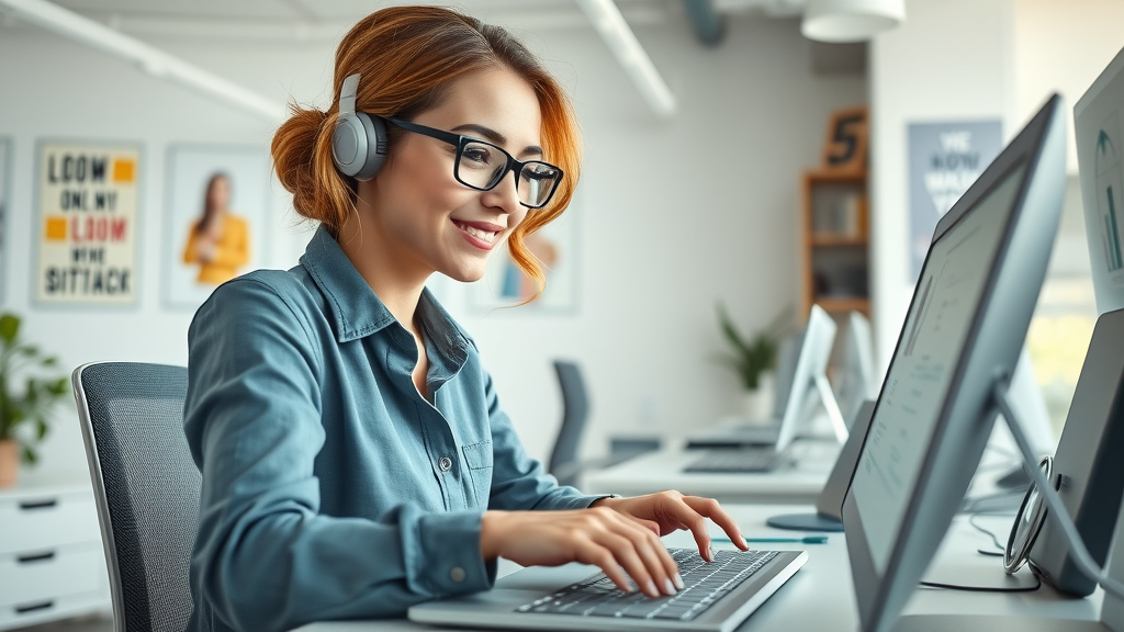 WordPress website design service for Farmington Hills small business: businesswoman tuning settings in modern workspace