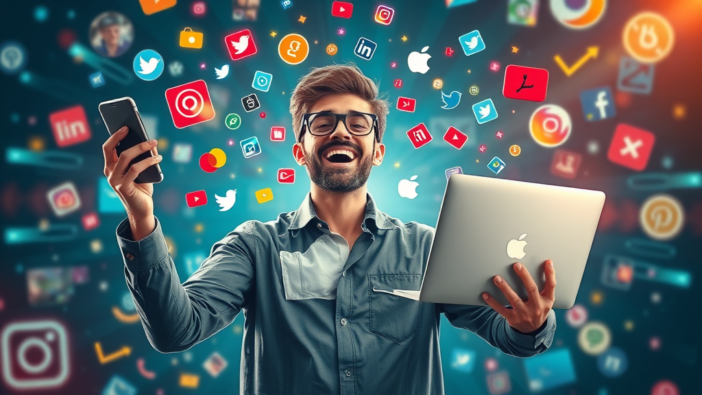 Imaginative content creator juggling creative props and social media icons