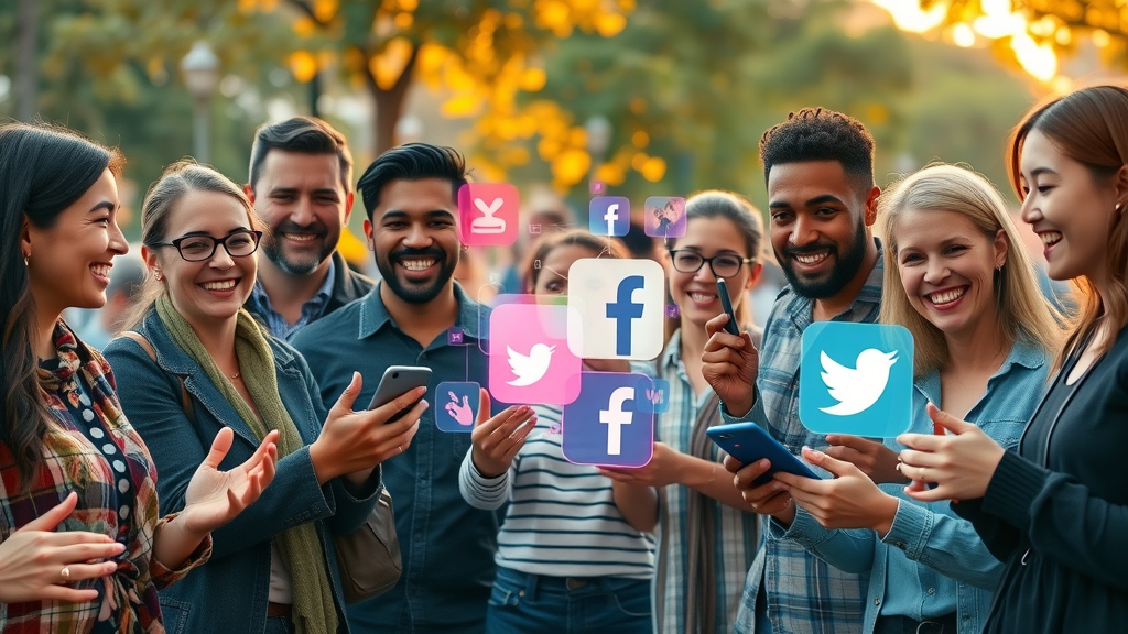 Diverse group engaging with digital social media icons representing user base on social media platforms for business