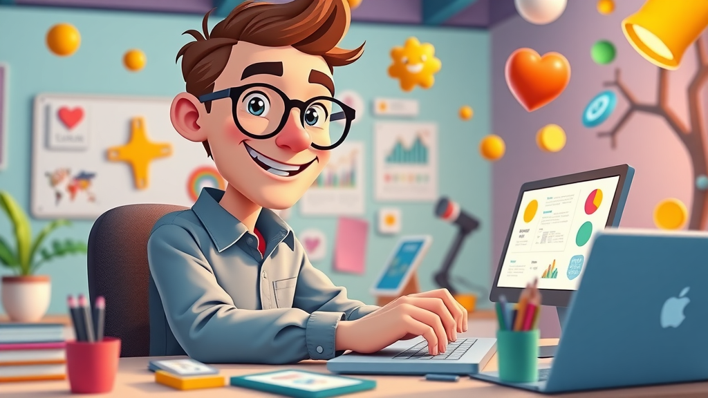 Creative content marketer using Canva for vibrant infographic design in animated digital workspace