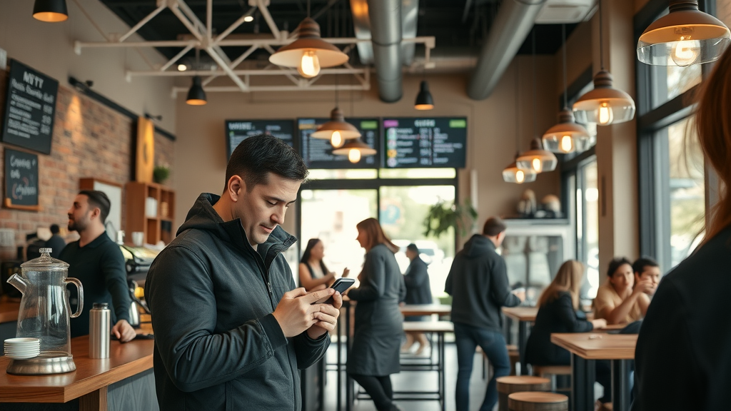 Modern West Bloomfield coffee shop owner using social media marketing on smartphone