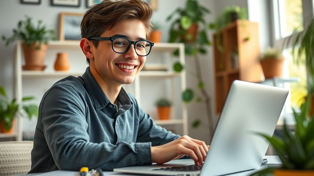 content creation tips - vibrant home workspace with a focused content creator, smiling at laptop in a bright office with creative tools