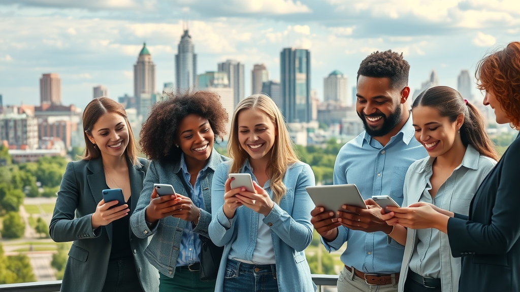 Dynamic skyline of West Bloomfield with business owners using smartphones for social media marketing strategies