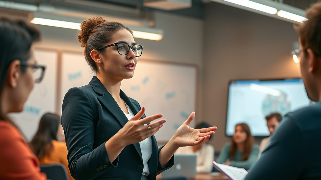 confident businesswoman presenting digital marketing workshop, content marketing for small business in Farmington Hills, digital whiteboard, workshop, co-working space, engaged audience