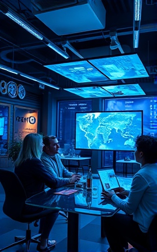 integrated omnichannel integration, seamless, merging multiple customer touchpoints, photorealistic, tech hub with holographic projectors and augmented reality apps, highly detailed, team brainstorming solutions, high-tech atmosphere, cool colors, direct lighting, shot with a 28mm lens.