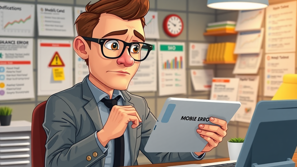 business owner reviews website SEO errors on tablet, cartoon scene with SEO checklists and alerts for local search in Farmington Hills