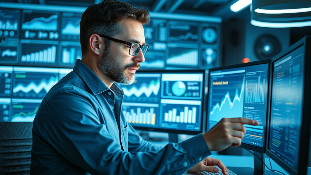 professional marketer analyzing digital marketing graphs and reports, content marketing for small business in Farmington Hills, dual monitors, high-tech