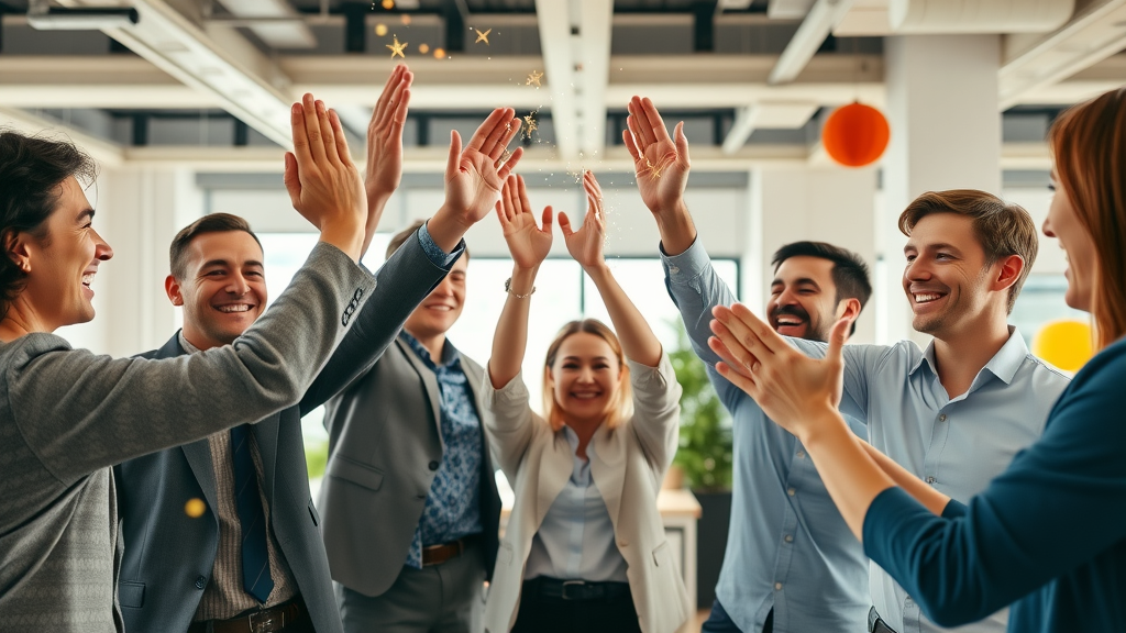 content creation tips - business team celebrating digital engagement success with high-fives in a lively modern office