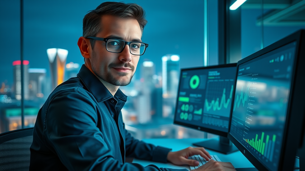 search engine optimization in Farmington Hills - modern SEO specialist optimizing website analytics in sleek glass office with digital data overlays