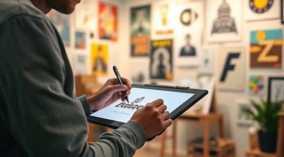 dynamic reputation branding, creative, sketching a logo design on a digital pad, photorealistic, design studio filled with inspirational posters, highly detailed, mood board on the wall, f/2.2, high resolution, pastel colors, spotlight illumination, shot with a 105mm lens.