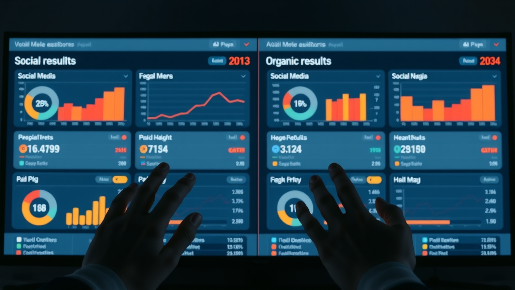 split-screen comparing paid and organic social media results, Paid vs Organic Social Media ROI analysis