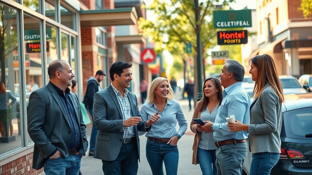 brand awareness in Farmington Hills - vibrant suburban business district with energetic business owners networking outside modern storefronts, bustling city street with lively ambiance