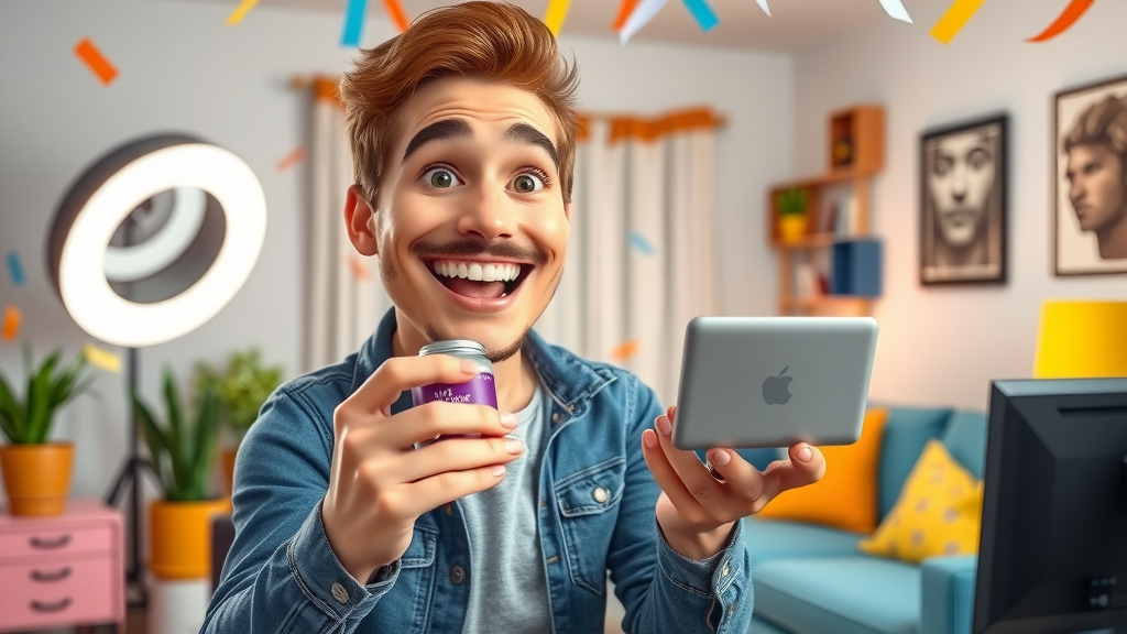 Professional influencer livestreaming branded product demo in vibrant studio
