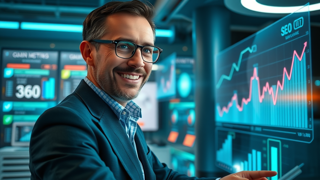 forward-looking business owner watching digital SEO performance graphs, futuristic interface for Farmington Hills small business