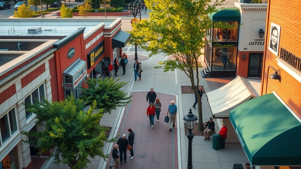 dynamic aerial view of Farmington Hills downtown, vibrant main street with visible green spaces and small business signage, SEO for small business in Farmington Hills