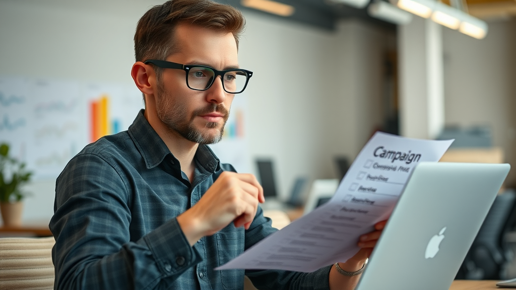 Organized marketer preparing to launch successful social media advertising campaign in Farmington Hills using a detailed checklist and digital marketing tools.