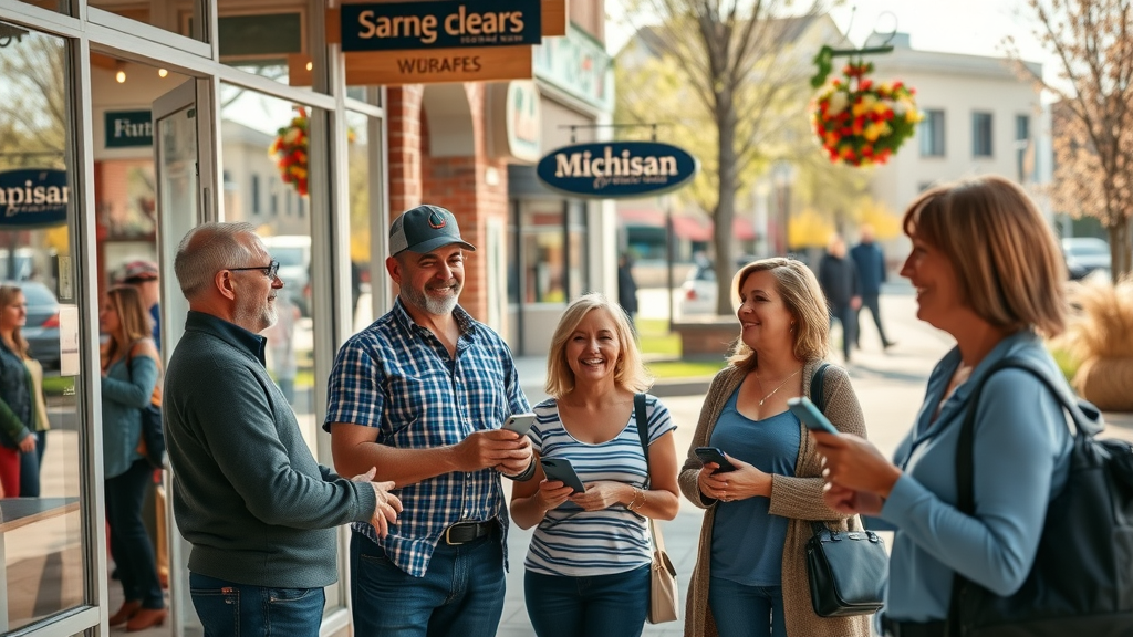 vibrant downtown small business storefronts in Farmington Hills, cheerful owners interacting with walk-in local customers, charming Michigan town square, spring landscaping, highly detailed, sunlit ambiance