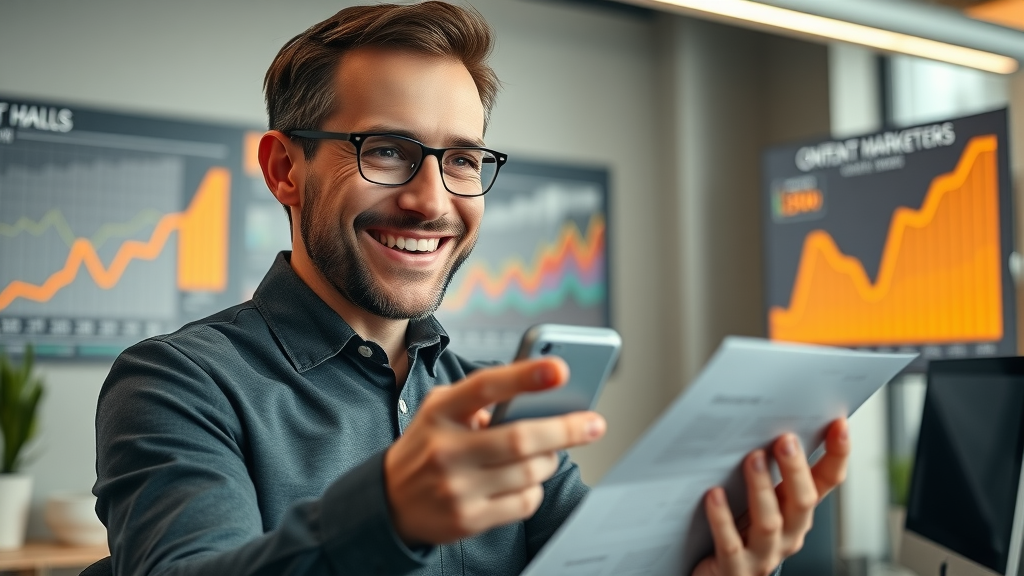 Successful content marketer reviewing improved results with content marketing tools in a modern office
