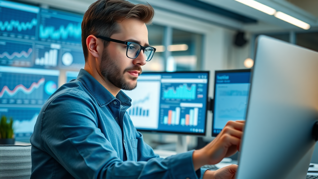 modern digital marketer analyzing social media graphs, focused, reviewing key performance indicators on multiple screens, Social Media ROI analytics dashboard
