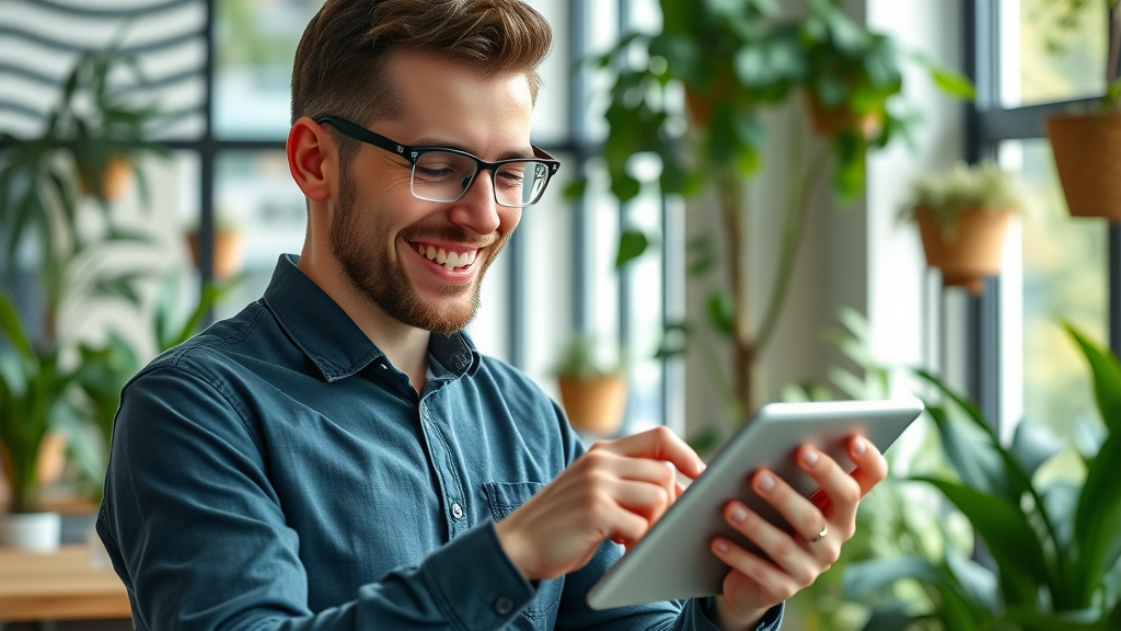 Motivated digital marketer analyzing metrics on tablet using marketing tools in a bright modern coworking space