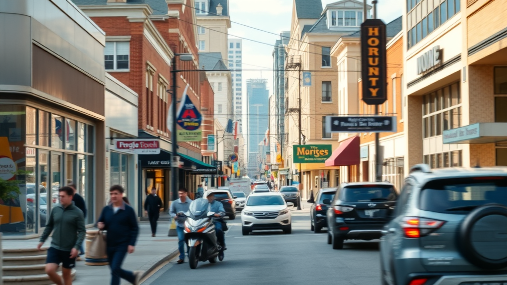 dynamic cityscape of Farmington Hills business district, content marketing for small business in Farmington Hills, main street, small businesses in action, vibrant