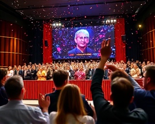 vision success, triumphant expression, celebrating an achievement, photorealistic, a conference hall with applauding attendees, highly detailed, confetti falling, various emotions captured, lively colors, stage lighting, shot with a 85mm lens.