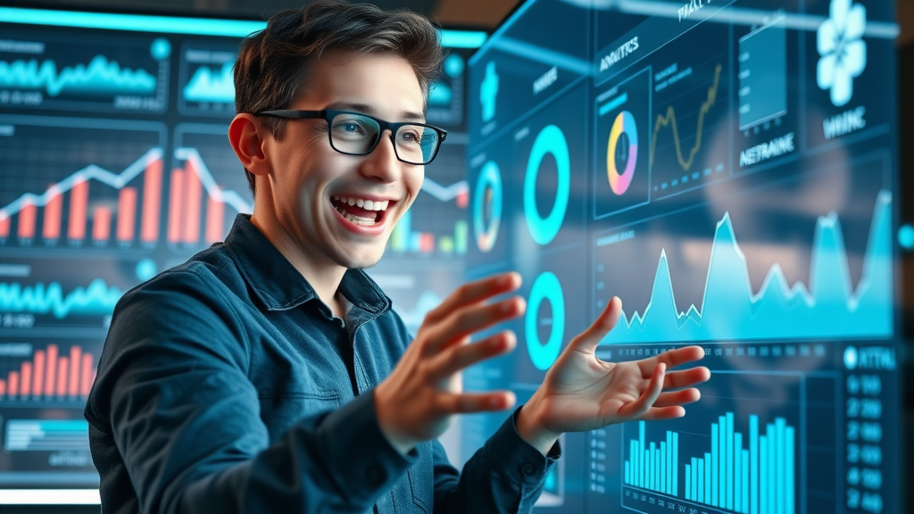 content creation tips - content planner analyzing analytics dashboard with data charts in a futuristic digital workspace