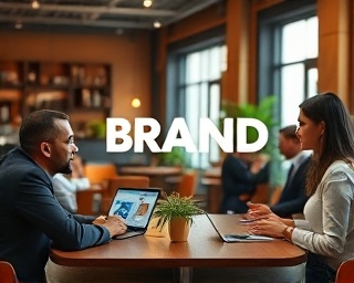 bold brand identity, strategic, launching, photorealistic, trendy cafe with networking professionals, highly detailed, brand emblems on devices, sharp focus, earthy tones with pops of color, natural light from windows, shot with a standard zoom lens.