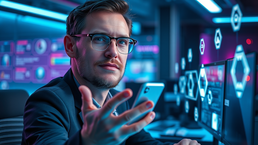 Visionary marketer exploring futuristic AI-powered content marketing tools in a sleek sci-fi workspace