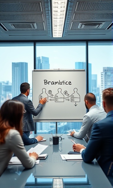 innovative branding strategy, focused, presenting on a whiteboard, photorealistic, modern conference room with city view, highly detailed, participants engaged and taking notes, ultra-high-definition, corporate blue and gray color scheme, overhead fluorescent lighting, shot with a 35mm lens.