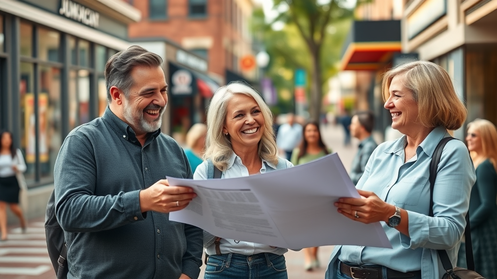 Farmington Hills business owners discussing marketing plans on bustling main street, business owner marketing tips in Farmington Hills