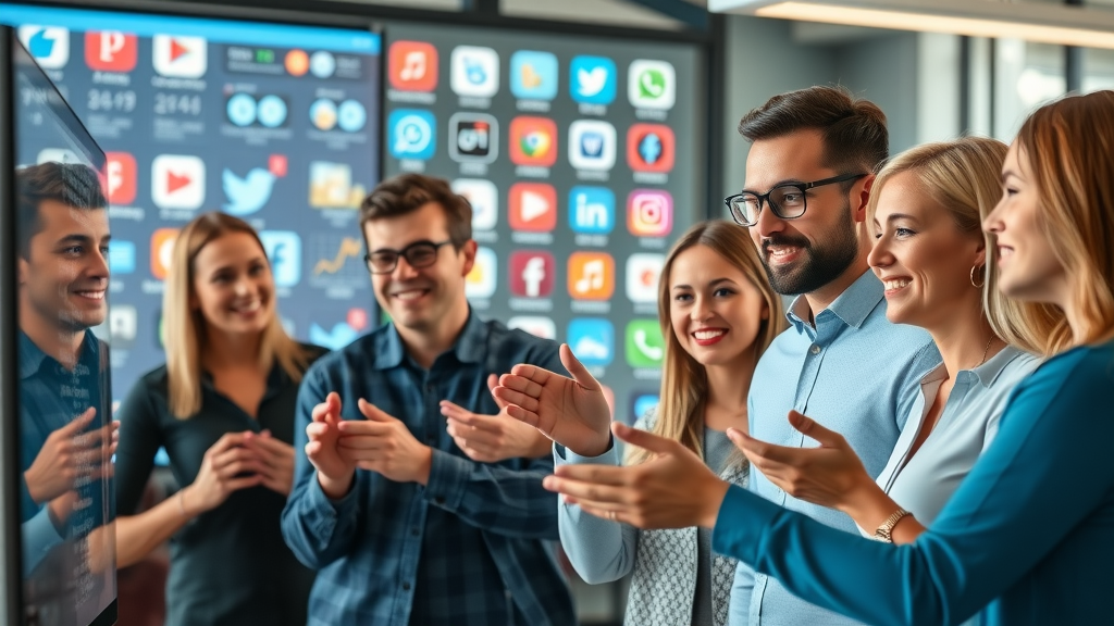 marketing team analyzing target audience on social media data in modern office workspace