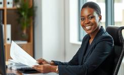 Black female professional sitting at a desk, smiling and reviewing papers.