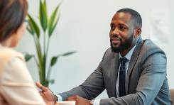 Black male business owner at a table engaging with a client.