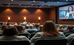 Audience in an auditorium captivated by a female speaker on stage.