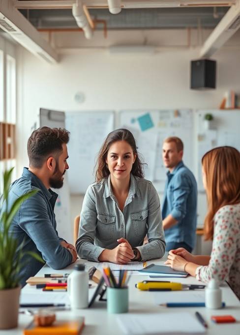 mission empowerment, resolute look, strategizing with peers, photorealistic, an airy workspace filled with creative tools and whiteboards, highly detailed, animated discussions, collaborative vibe, pastel shades, natural light, shot with a 28mm lens.