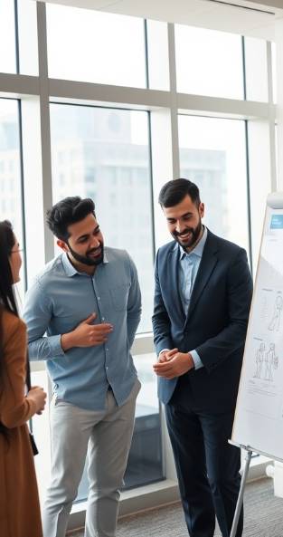 Diverse team members discussing design ideas in a bright meeting room.