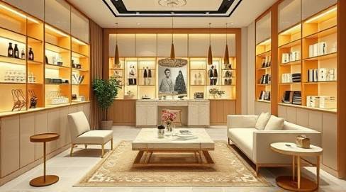 chic branding design, elegant, examining packaging ideas, photorealistic, stylish boutique office with designer furniture, highly detailed, illustrative elements displayed, ultra-high-resolution, gold and cream shades, soft spotlighting, shot with a tilt-shift lens.