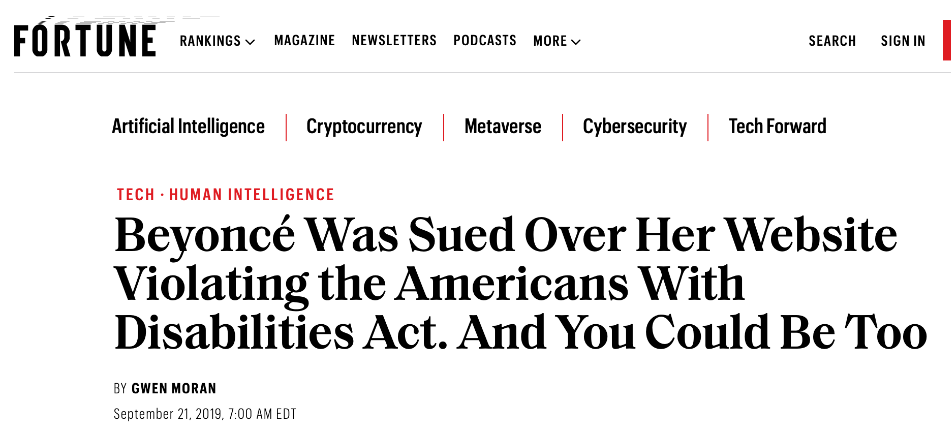 Fortune Magazine's Article Titled "Beyonce Was Sued Over Her Website Violating the Americans With Disabilities Act"
