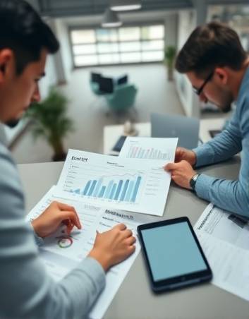 SEO audit session, scrutinizing statistics, detailing reports, photorealistic, open office space with papers and tablets, highly detailed, digital graphs and analytics, tilt-shift technique, muted greyscale palette, overhead lighting, shot with a tilt-shift camera lens.