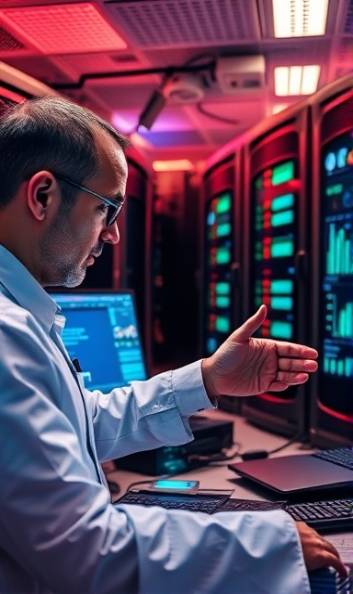 cutting-edge SEO tools in use, technician demonstrating software, illustrating data, photorealistic, tech lab with servers and computers, highly detailed, interactive user interface overlays, macro shot, metallic and neon colors, fluorescent lighting, shot with a macro camera lens.