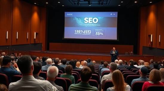 SEO strategy presentation, capturing attention, pitching ideas, photorealistic, auditorium with projector presentations, highly detailed, animated slides with statistics, 70-200mm telephoto zoom, bold graphical colors, stage lighting, shot with a 70-200mm camera lens.