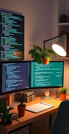 efficient SEO optimization process, coding on screens, speeding up websites, photorealistic, cozy home office with plants and books, highly detailed, binary code flowing across displays, 50mm lens, pastel shades, natural lighting from a desk lamp, shot with a 50mm camera lens.