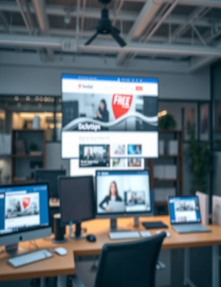 Dynamic digital branding in a bright office with screens showcasing the business.