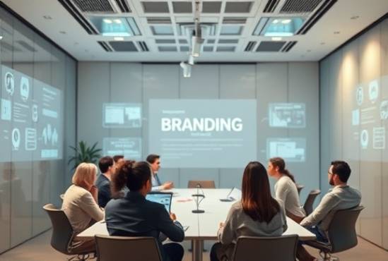 innovative branding strategy, contemplative, planning, photorealistic, modern meeting room with brainstorming sessions, highly detailed, projected holograms, slight vignette, pastel palette, soft studio lighting, shot with a telephoto lens.