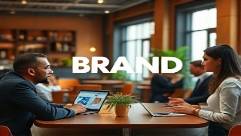 bold brand identity, strategic, launching, photorealistic, trendy cafe with networking professionals, highly detailed, brand emblems on devices, sharp focus, earthy tones with pops of color, natural light from windows, shot with a standard zoom lens.