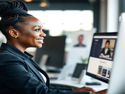 Black female business owner smiling at her website on a monitor.