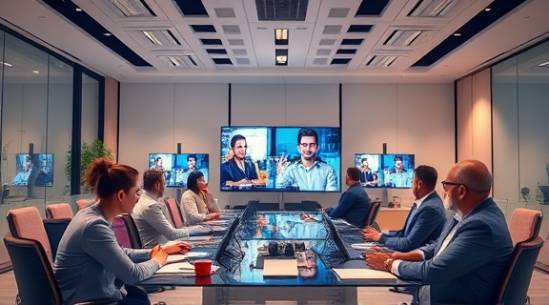 effective omnichannel communication, clear, enhancing user engagement, photorealistic, conference room with multi-device connectivity and virtual assistants, highly detailed, professionals engaging in video calls, synchronized technology, pastel colors, soft-focus lighting, shot with a 70mm lens.