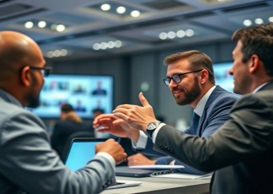 dynamic networking, determined, forging links, photorealistic, modern conference setting with digital screens, highly detailed, interactive dialogues, depth of field, neutral palette, artificial lighting, shot with a macro lens.