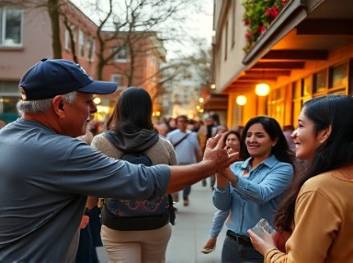dynamic communities, welcoming, forming bonds, photorealistic, vibrant neighborhood scene with public art, highly detailed, shared experiences, crisp focus, vivid colors, evening light, shot with a telephoto lens.